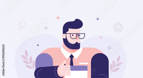 A modern illustration of a man with glasses giving a thumbs up