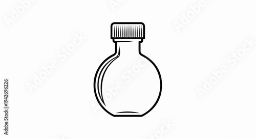 A simple, bold black outline illustration of a round glass bottle with a ribbed cap