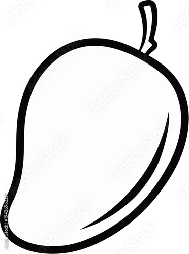 A simple, bold black outline drawing of a ripe mango fruit