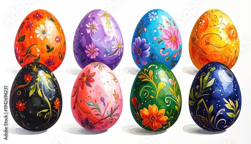 Eight vibrant, intricately decorated Easter eggs in various colors, flowers
