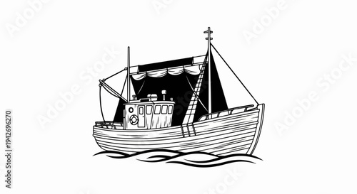 A black and white illustration of a fishing boat sailing on wavy water