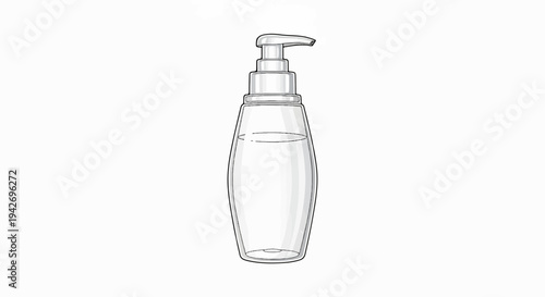 A clear liquid dispense bottle with a pump top is illustrated