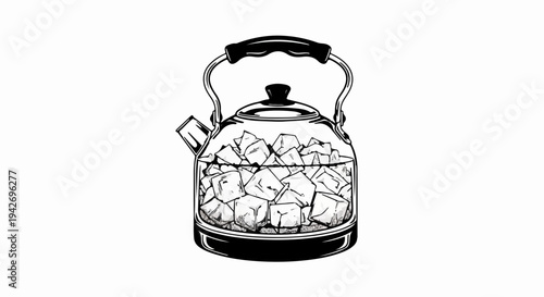 A clear glass kettle filled with ice cubes sits on a white background