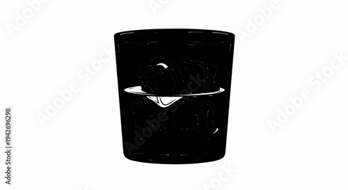 A black and white illustration of a glass filled with ice cubes and a dark beverage