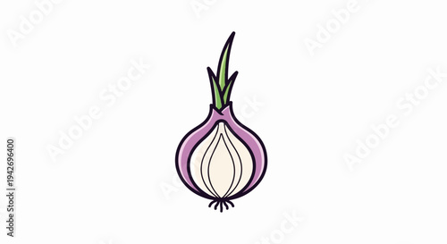 A simple cartoon illustration of a halved red onion with sprouts