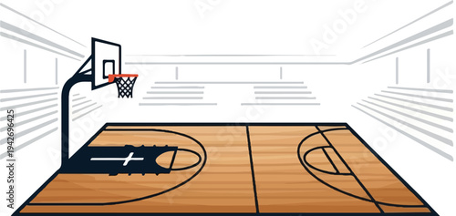 A simple cartoon illustration of an empty indoor basketball court with bleachers