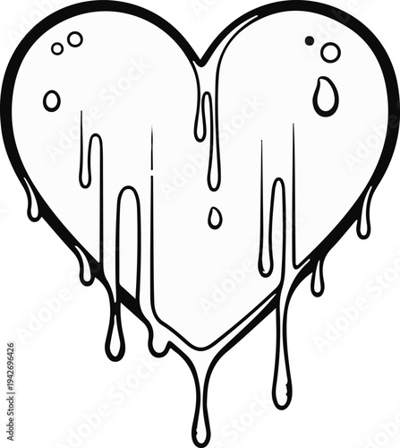 A black and white illustration of a melting heart with dripping liquid