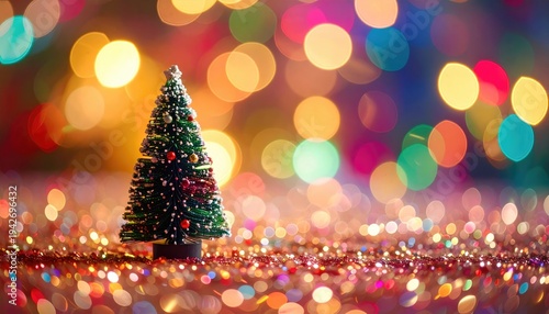 Tiny Christmas tree on a bed of glitter with bokeh lights background