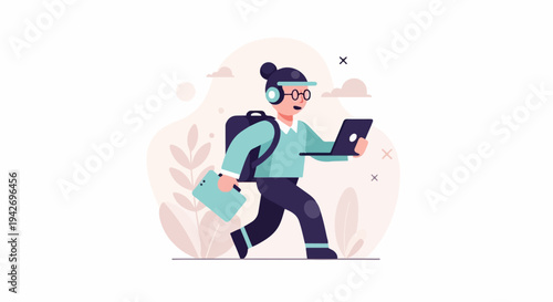 A person with headphones and a backpack walks with a laptop and tablet