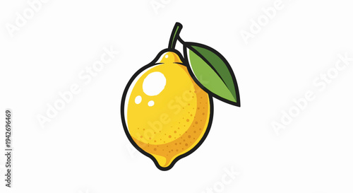 A bright yellow lemon with a green leaf and stem on a white background
