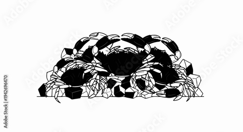A monochrome graphic of many crabs clustered together on rough, geometric stones