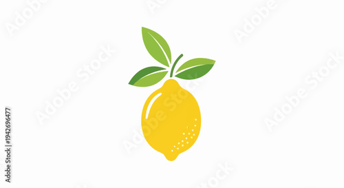 A bright yellow lemon with three green leaves on a white background