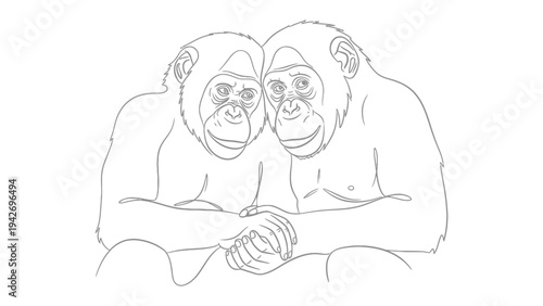 Chimpanzee Couple Outline:A affectionate chimpanzee couple is depicted in a detailed outline, capturing their tenderness and social bond.