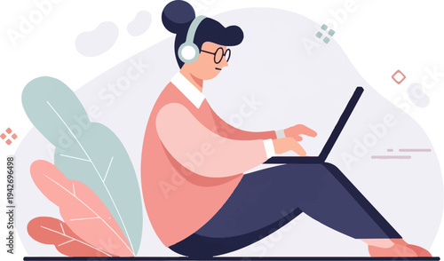A person with headphones and glasses types on a laptop surrounded by abstract shapes and leaves
