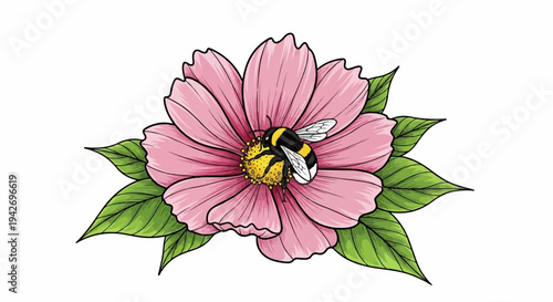 A bumblebee rests on a vibrant pink flower with green leaves