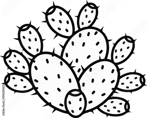 A black and white illustration of a prickly pear cactus with multiple pads