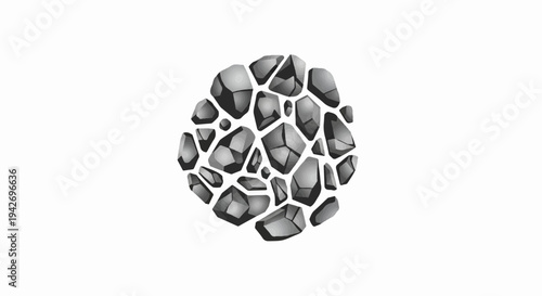 A cluster of gray, faceted, irregularly shaped stones, rendered in monochrome
