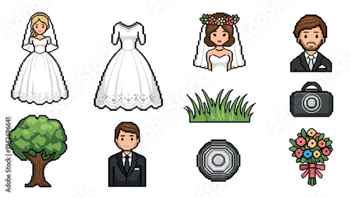 Pixel art wedding icons: bride, groom, dress, accessories and nature elements