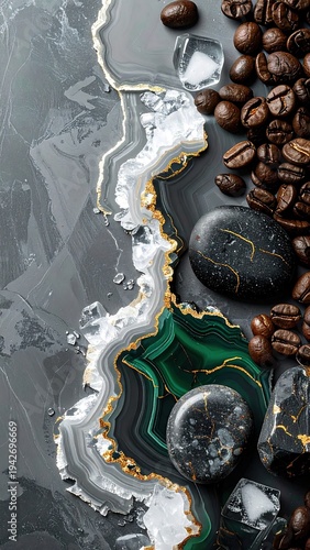 Coffee beans, rocks, and a patterned stone on a gray backdrop