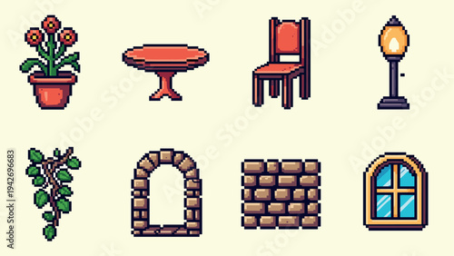 Retro pixel art home decor icons: table, chair, lamp, plant, arch, brick wall, window