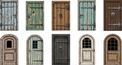 A collection of ten old, weathered wooden doors with ornate metal hardware