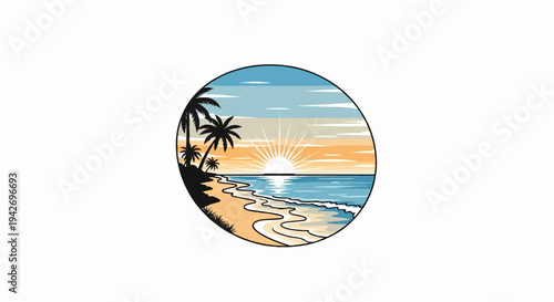 A picturesque circular vista of a tropical beach at sunset with palm trees