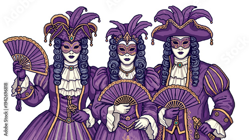 Elegant purple venetian masquerade trio with fans in ornate costumes