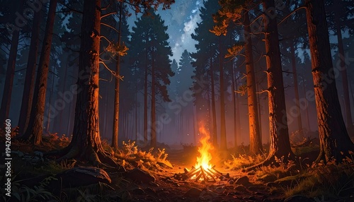 Forest scene with campfire at dusk, glowing trees, smoky sky