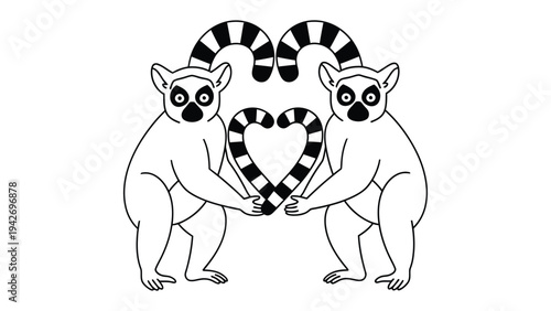 Lemur's Sweet Embrace: Two adorable lemurs stand facing each other, delicately holding the heart-shaped tails in a sweet gesture, creating a moment of pure affection and unity.