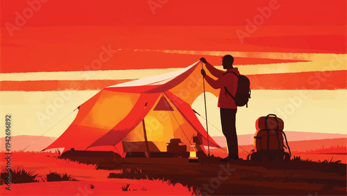 Illustration Of An Adventurer Pitching A Tent In An Open Field At Dusk Vector Design Template