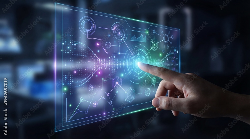 Fototapeta premium Close-up of a human finger touching a holographic digital interface displaying vibrant data patterns and futuristic graphics