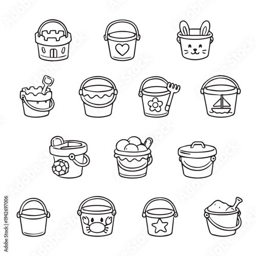  Vector illustration featuring a collection of diverse beach buckets with playful designs. Includes simple outlines and decorative elements like hearts, animals, and nautical themes.

