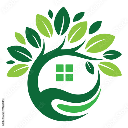 A stylized tree with a house symbolizing eco-friendly homes and sustainability