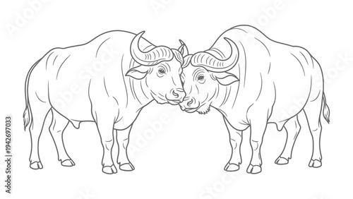 Bison Encounter: Two majestic bison engage in a silent dialogue, their powerful forms intertwined against the plain background, highlighting the strength of nature.