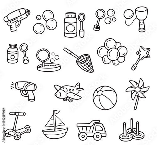 Hand drawn vector illustration featuring a set of summer toys including a water gun, bubbles, beach ball, and more. Ideal for children's themes and playful designs.