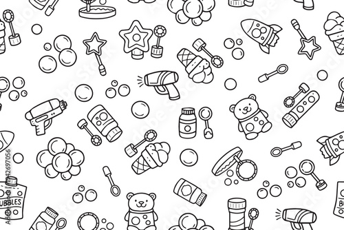 Black and white vector illustration of various bubble-themed toys and blowers. Includes wands, bubble guns, teddy bears, and other playful elements on a seamless pattern background.
