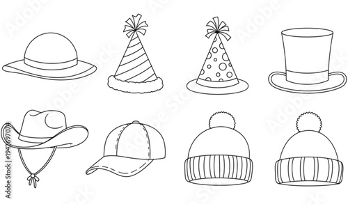 A set of various hats and caps in a simple line art style