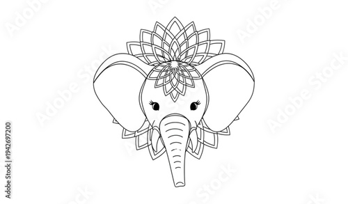 A minimalist line art illustration of an elephant head with a flower crown