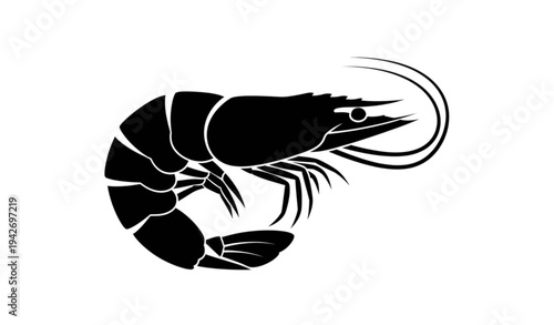 A black silhouette of a shrimp on a white background