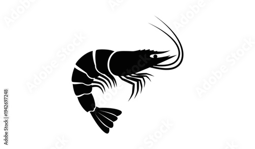 A black silhouette of a shrimp on a white background