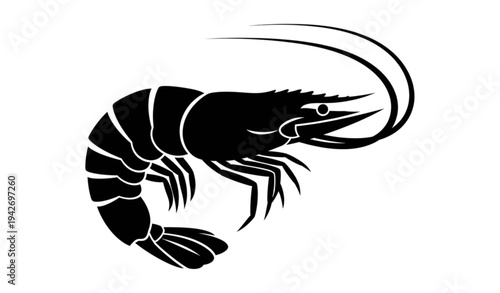 A black silhouette shrimp vector graphic on a white background