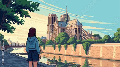 Woman gazing at historic cathedral by riverside in retro pixel art style