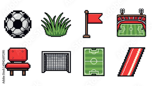 Pixel art soccer elements: ball, goal, stadium, and more in retro style