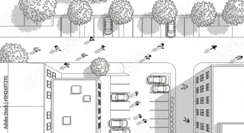Aerial View of Urban Street with Buildings and Pedestrians.