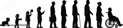 WebHuman, life, stages, silhouette, baby, childhood, teenager, adult, aging, elderly, wheelchair, growth, timeline, generation, development, journey, aging, concept, lifespan, evolution