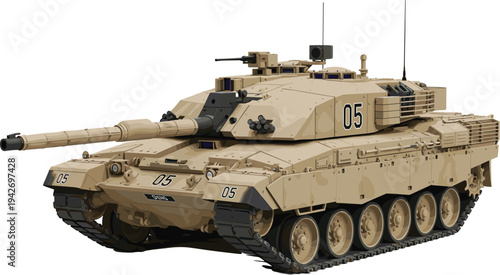 "Detailed illustration of modern Challenger battle tank in desert camouflage, showcasing armored vehicle design, defense technology, military equipment graphics, and educational war strategy 