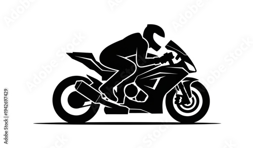 A black silhouette of a motorcyclist riding a bike in a minimalist style
