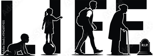 Human, life, cycle, stages, silhouette, baby, childhood, youth, adulthood, aging, elderly, death, timeline, growth, mortality, concept, illustration, generation, journey, existence