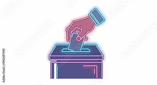 A neon-outlined hand drops a ballot into a box