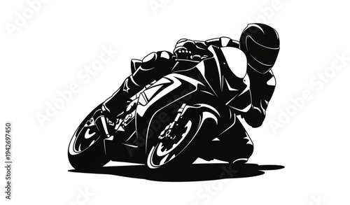 A black and white vector graphic of a motorcycle rider in action